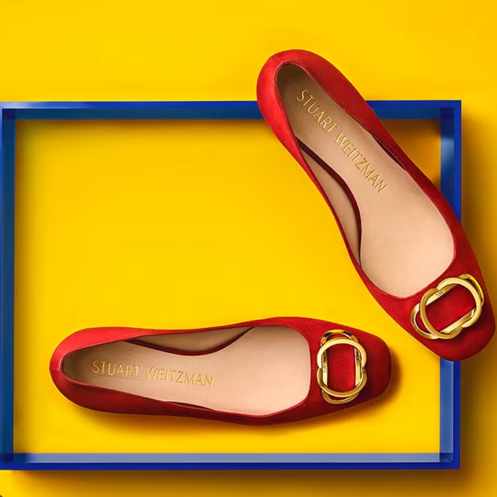 Stuart Weitzman Anicia 25 Chile Suede Sold Out Red Women's Shoe with Gold Accent
